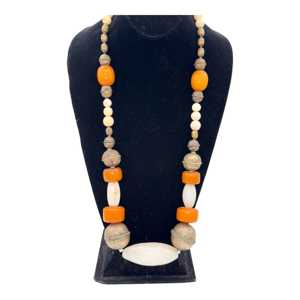 Tribal Chunky Antique Tibetan Amber Beads w White Quartz or Jade Pendant
